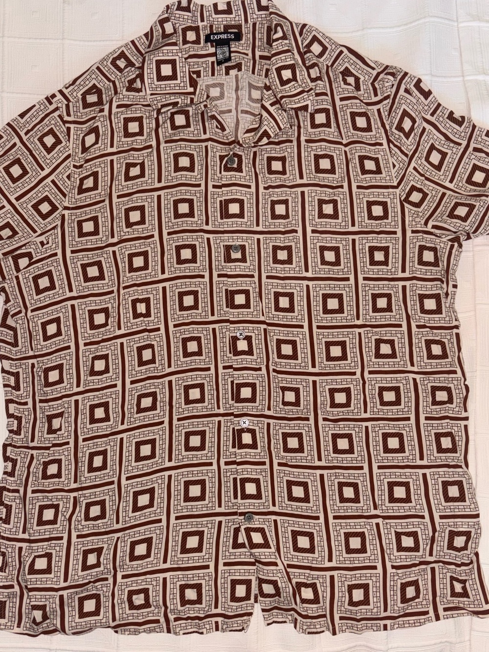 Express Brown and White Geometric Short Sleeve Button-Up Shirt